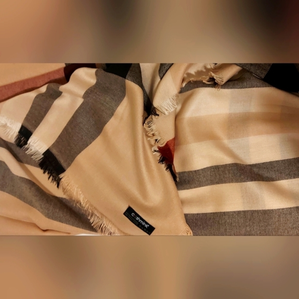 Cashmink Scarf/ Shawl Wrap, Classic Beige Checkered, Fall Scarf, Shawl